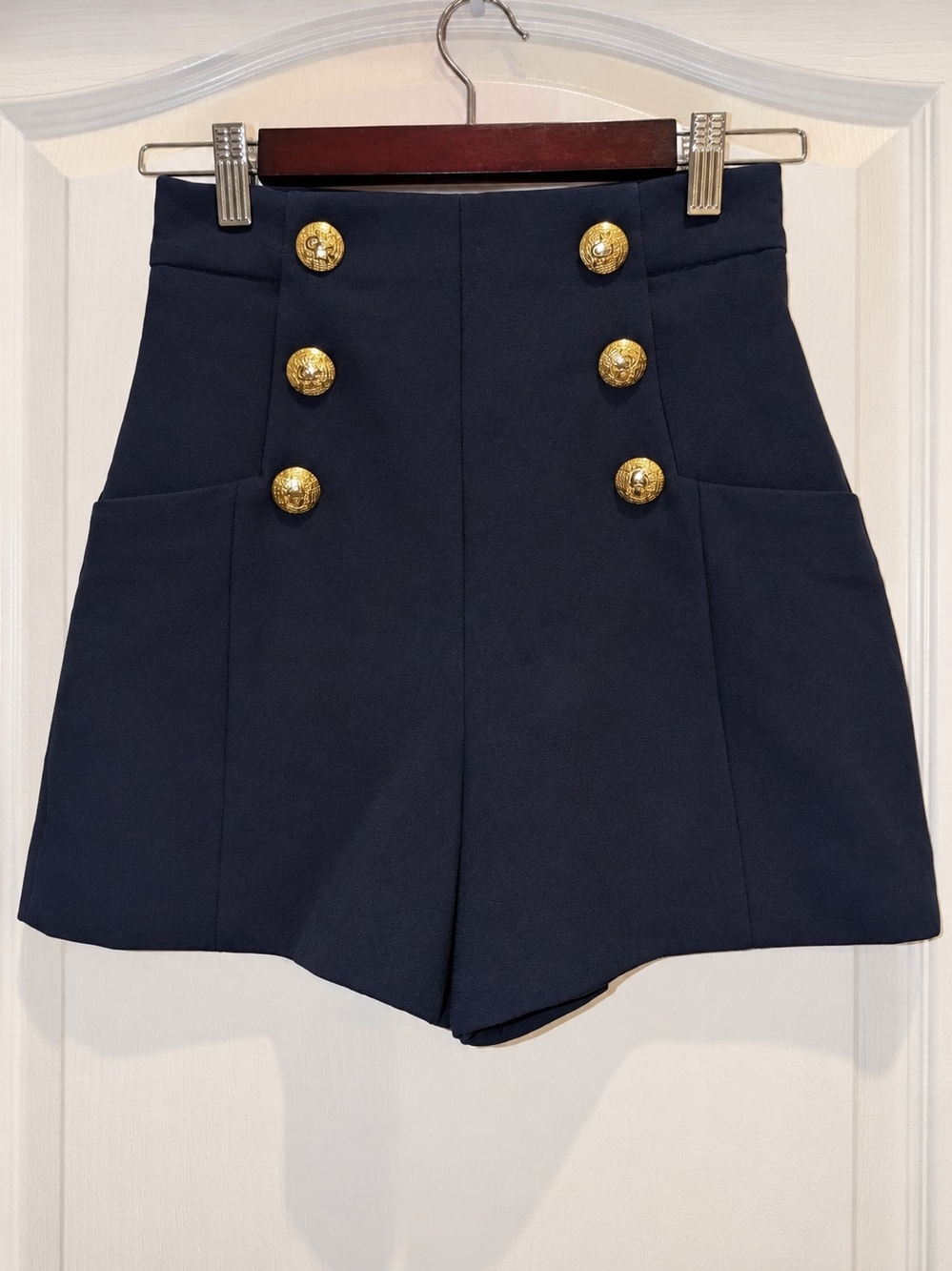 Zara Navy High Waist Sailor Skort Shorts XS Gold Button Military